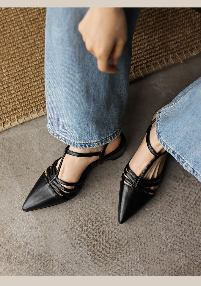 Sandal nữ mũi nhọn quai chữ T gót 5 cm phong cách Hàn Quốc — đen chi tiết 15