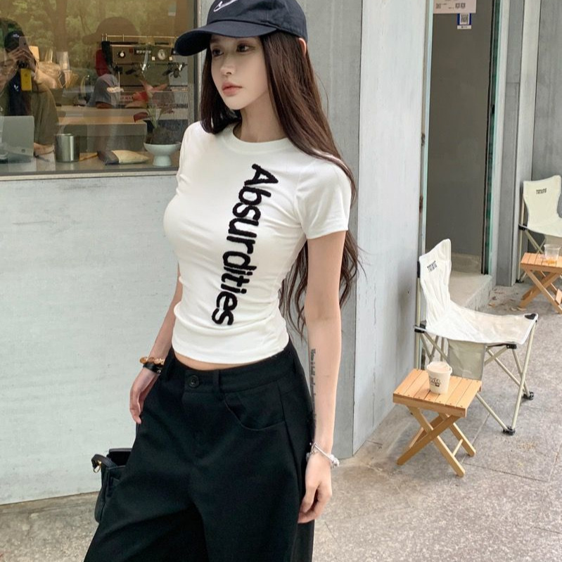 Letter Towel Embroidered Short-Sleeved T-Shirt Women's Summer American Design Niche Slim Embroidered Round Neck Tight Top Letter Towel Embroidered Short-Sleeved T-Shirt Women's Summer American Design Niche Slim Embroidered Round Neck Tight Top