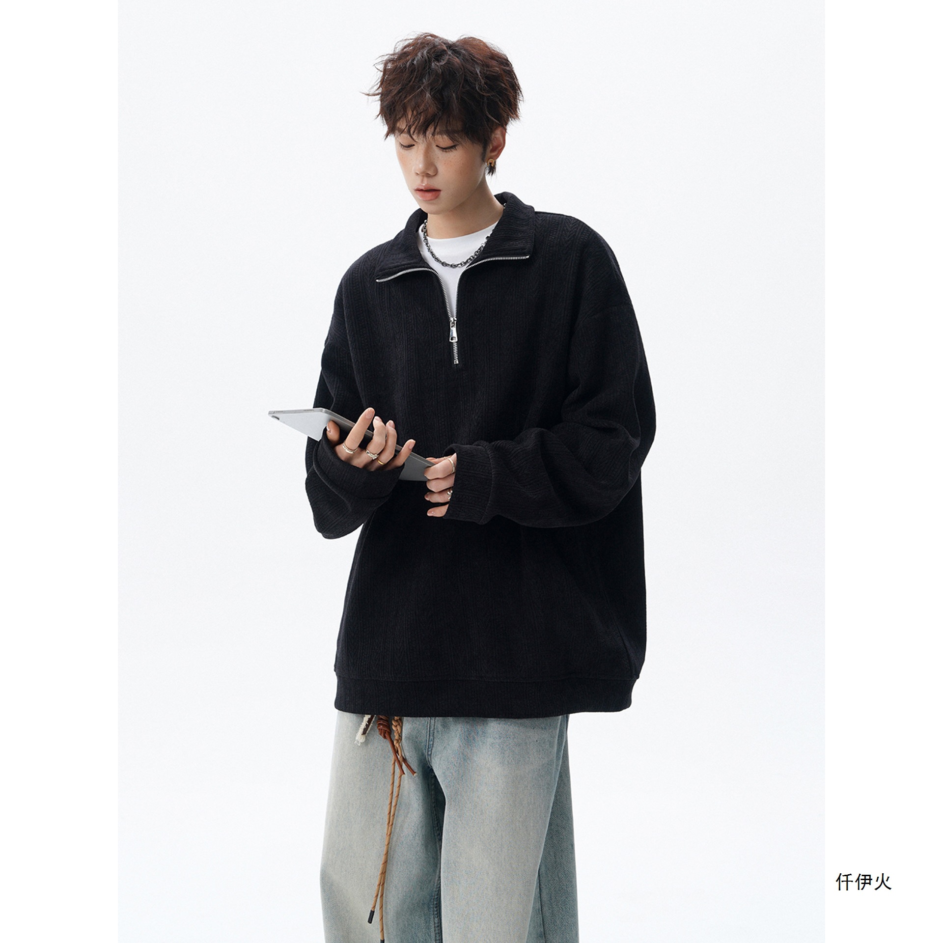 Zipper vintage versatile wheat-ear design new American casual stand-up collar sweatshirt for men, autumn pattern half-size top, trendy