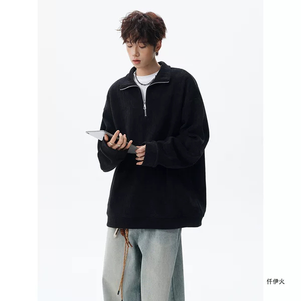 Zipper vintage versatile wheat-ear design new American casual stand-up collar sweatshirt for men, autumn pattern half-size top, trendy