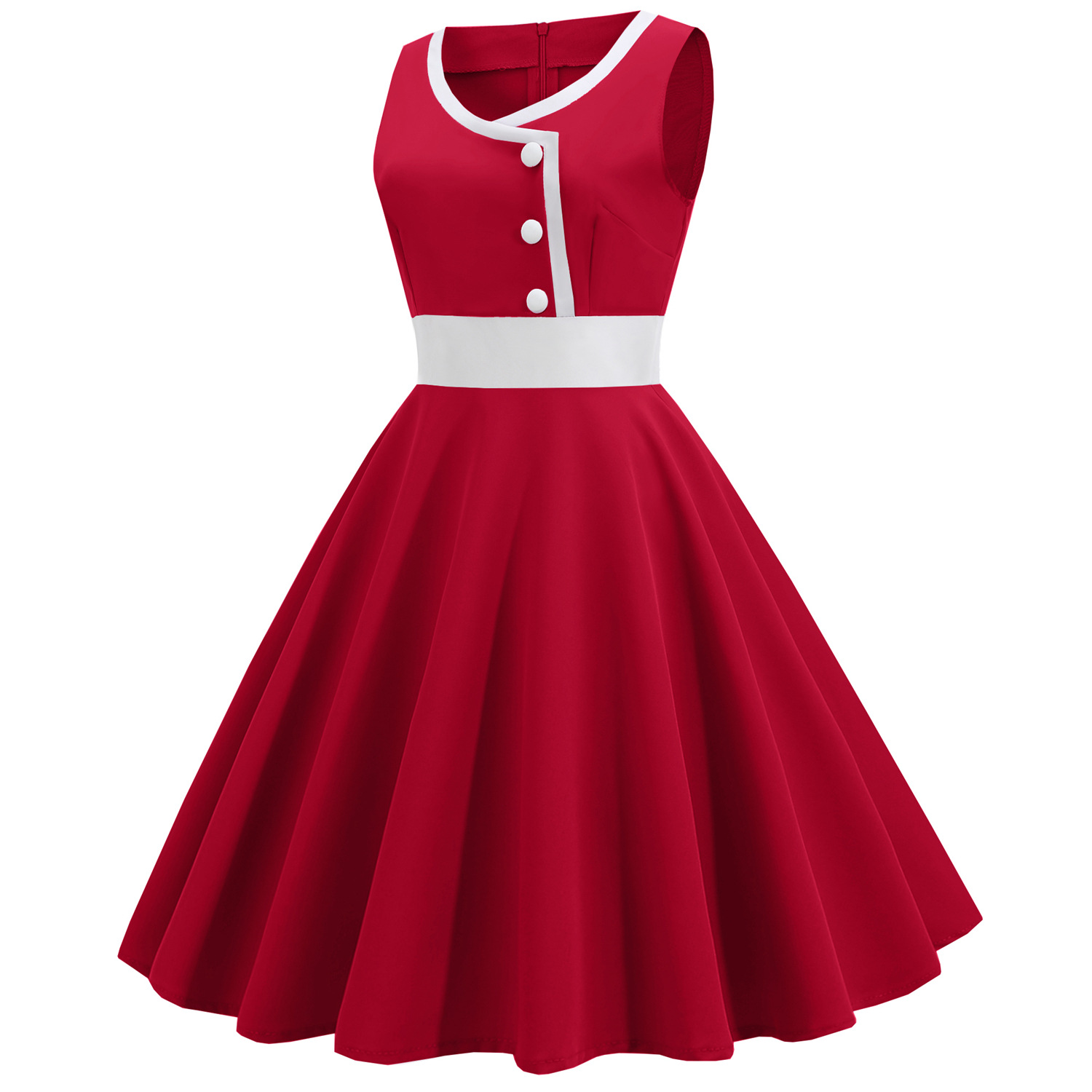  Femmes Hepburn rétro blanc rayure couture fausse simple boutonnage décoratif couleur unie grande jupe_voghion.com