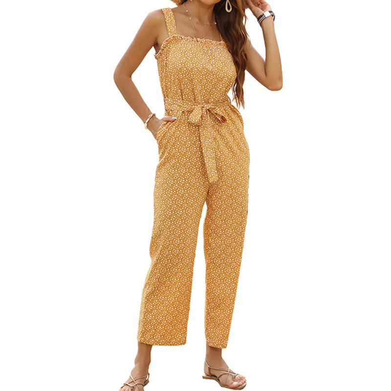 Bedruckter gelber Hosen-Jumpsuit mit losen Hosenträgern und Schnürung_voghion.com