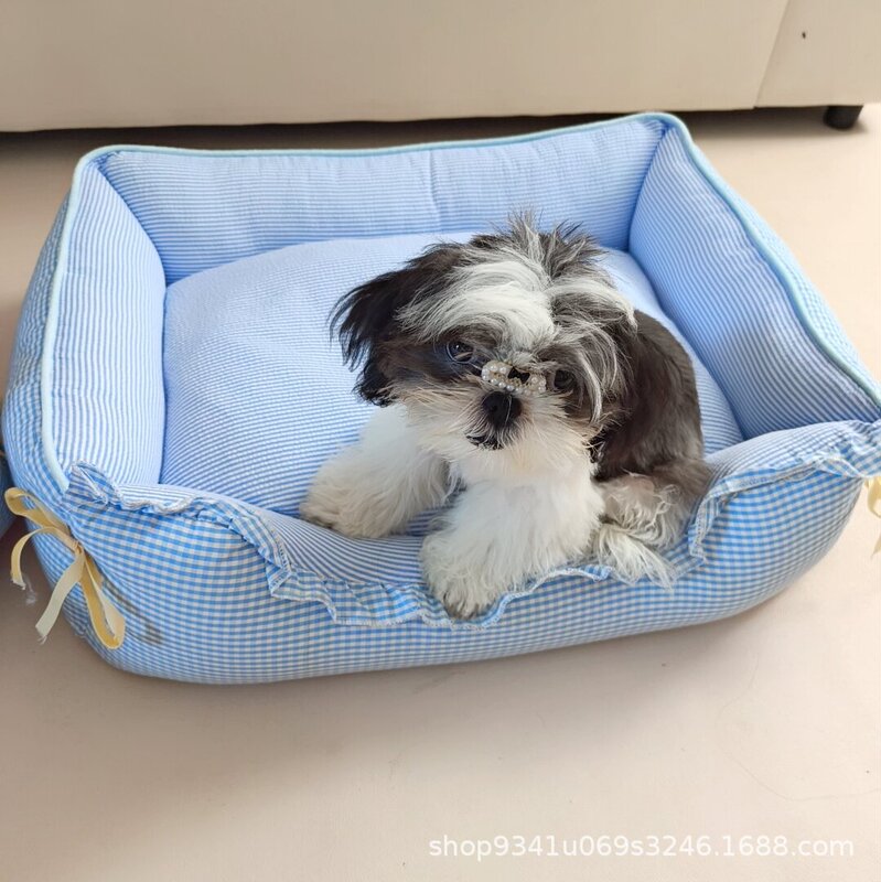 春夏ペットの巣、小型犬用ソファ、取り外して洗える猫の巣、犬用ベッド、蝶結びの四角い巣、オールシーズン対応|undefined