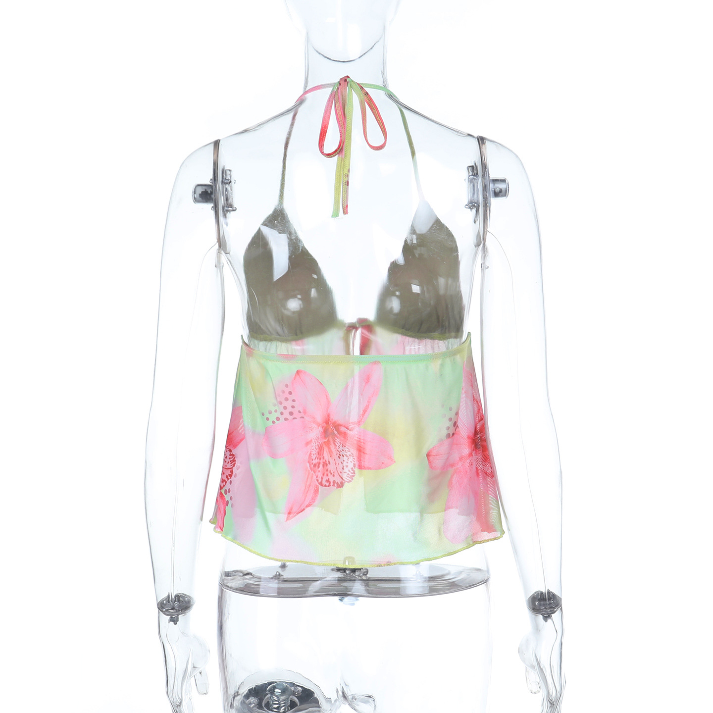 Summer Seaside Vacation Printing Color Contrast Lace up Halterneck Hollow Out Cutout Camisole Women