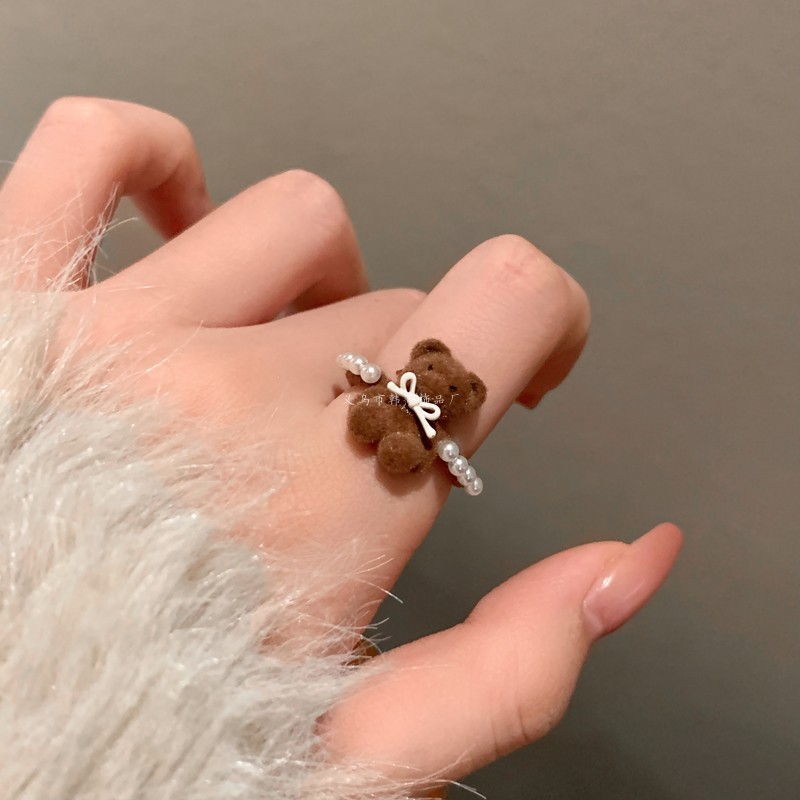 Cute Bow Bear Pearl Ring for Women Autumn and Winter Niche Design Index Finger Ring Sweet and Cute Open Ring