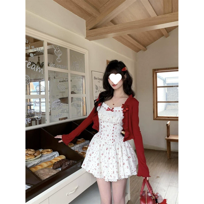 Милый и пряный кружевной жилет с цветочным принтом, платье, костюм для женщин, весенне-летний кардиган с длинными рукавами и вишневым цветом, сексуальная юбка на талии