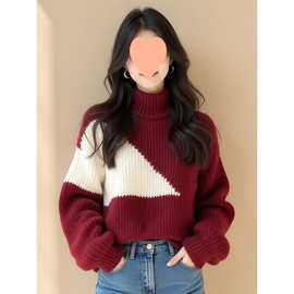 酒红色撞色不规则粗线毛衣女款2025新款冬季欧货重工独特别致上衣
