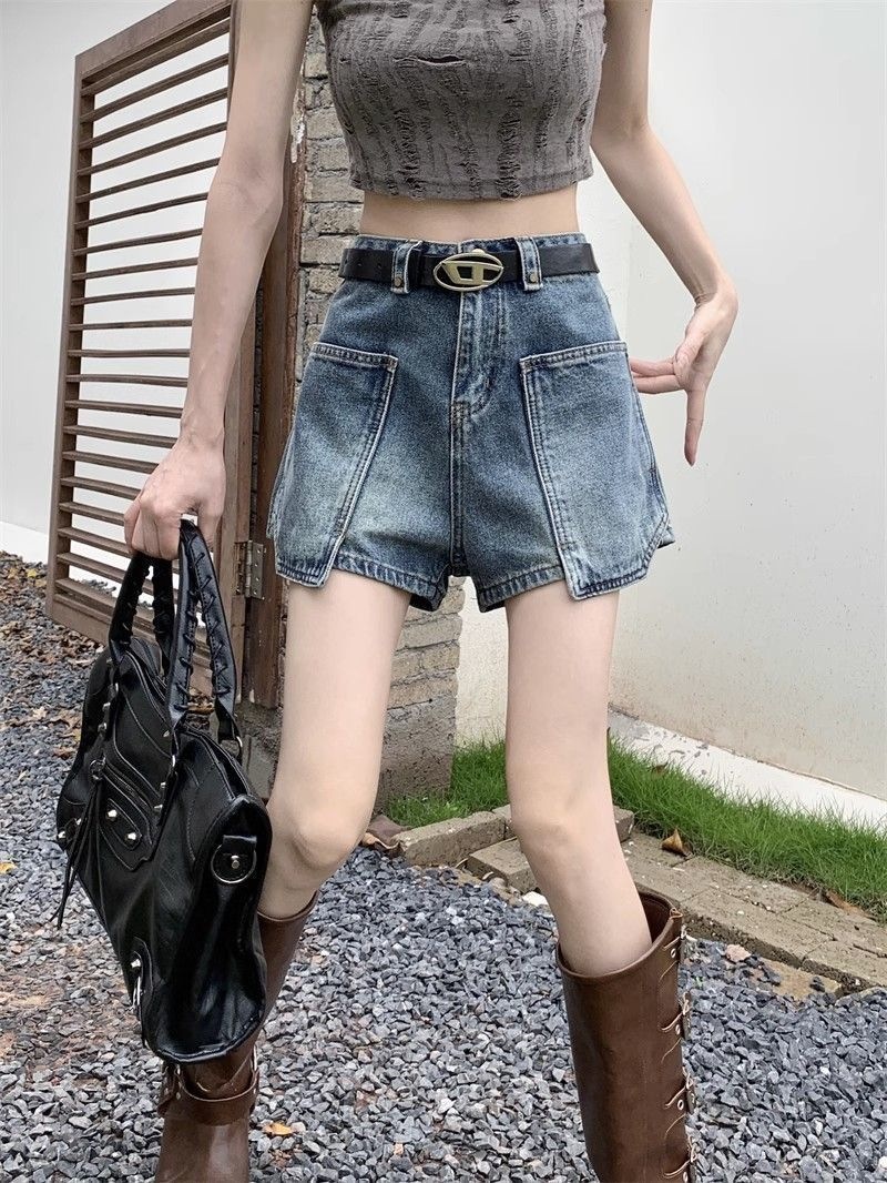 Quần short denim nữ lưng cao túi hộp phong cách vintage ống rộng — Lời bài hát: Blue (No Belt - Pants) chi tiết 6