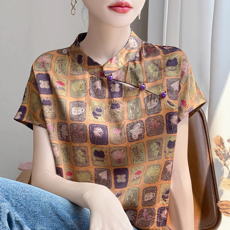 2025 Summer New Retro Fragrant Cloud Yarn Diagonal Lapel Short-Sleeved Stand-Up Collar National Style Top New Chinese Style Improved Cheongsam Shirt