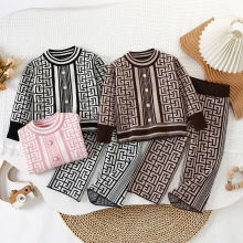 跨境外贸儿童毛衣套装秋冬新款女宝宝工字格子针织上衣毛衣长裤潮