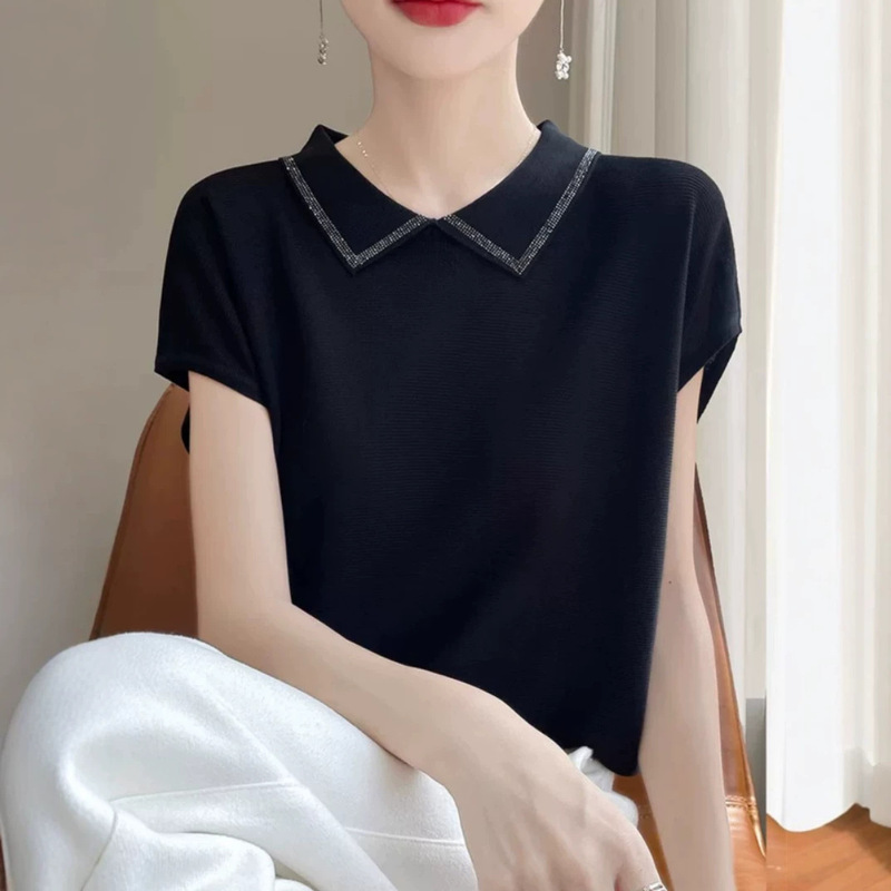 Polo Collar Short-Sleeve Women's T-Shirt, Summer Design, Niche High-End Style, Loose Fit, Plus-Size Ice Silk Knit Top