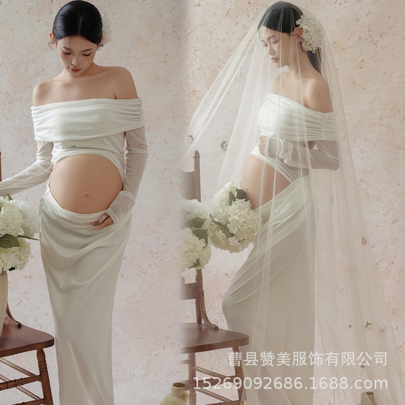 Maternity Photo Clothing French White High-End Fashion Simple Style Pregnant Mommy Indoor Photo Clothing
