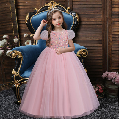 Children pink rainbow sequined princess singers host stage performance dress short-sleeved sequined princess long ball gown xmas party celebration dresses for girls