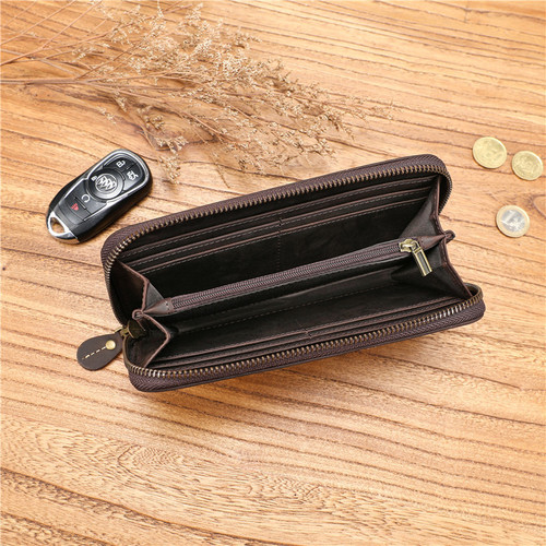 Retro Crazy Horse Leather Men's Wallet First Layer Cowhide Large Capacity Handbag Genuine Leather Long Wallet Zipper Handmade Wallet
