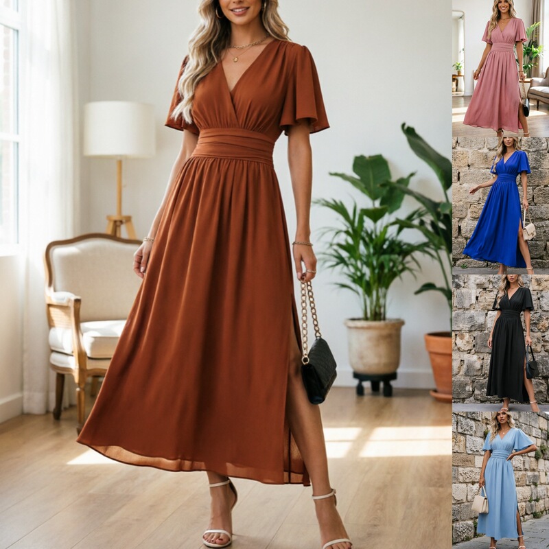 European and American Cross-Border Foreign Trade New Women's Clothing Solid Color Deep V-Neck Ruched Waist Long Dress with Slit Skirt Dress for Women European and American Cross-Border Foreign Trade New Women's Clothing Solid Color Deep V-Neck Ruched Waist Long Dress with Slit Skirt Dress for Women