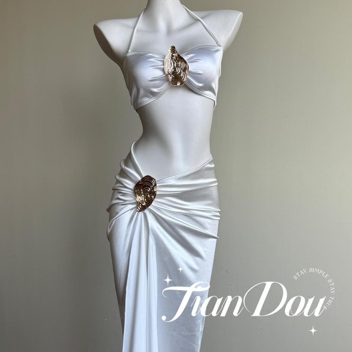 Bikini New European and American Style Metal Pleated Tube Top Push-Up Sexy Beautiful Back Split Long Skirt Swimsuit Women's Three-Piece Set