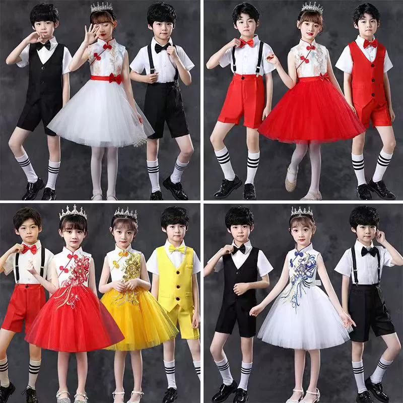 Детский костюм для выступлений Платье для мальчиков и девочек Платье принцессы Платье для хора Студенческий костюм для танцев с декламацией поэзии Red Song