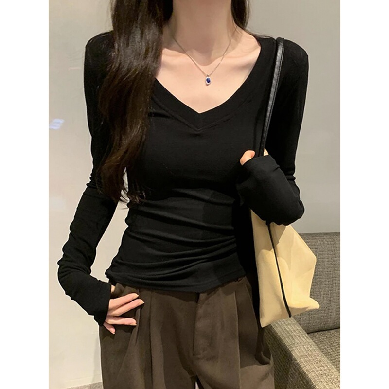 4618 # Official Image 280g Threaded Velvet V Neck Bottoming Shirt for Women in Spring, Autumn and Winter with Thickeneded Velvet Long-Sleeved T-Shirt