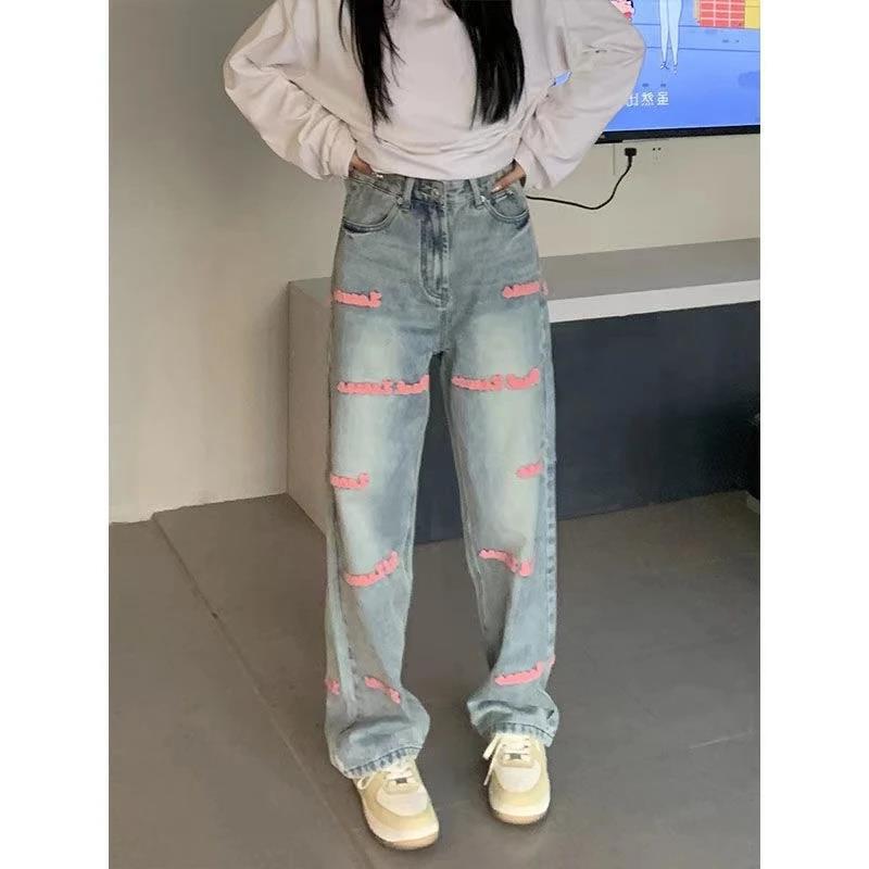 High Waist Letter Embroidered Straight Jeans Women's Autumn and Winter Sweet Cute Design Sense Loose Wide Leg Trendy Pants