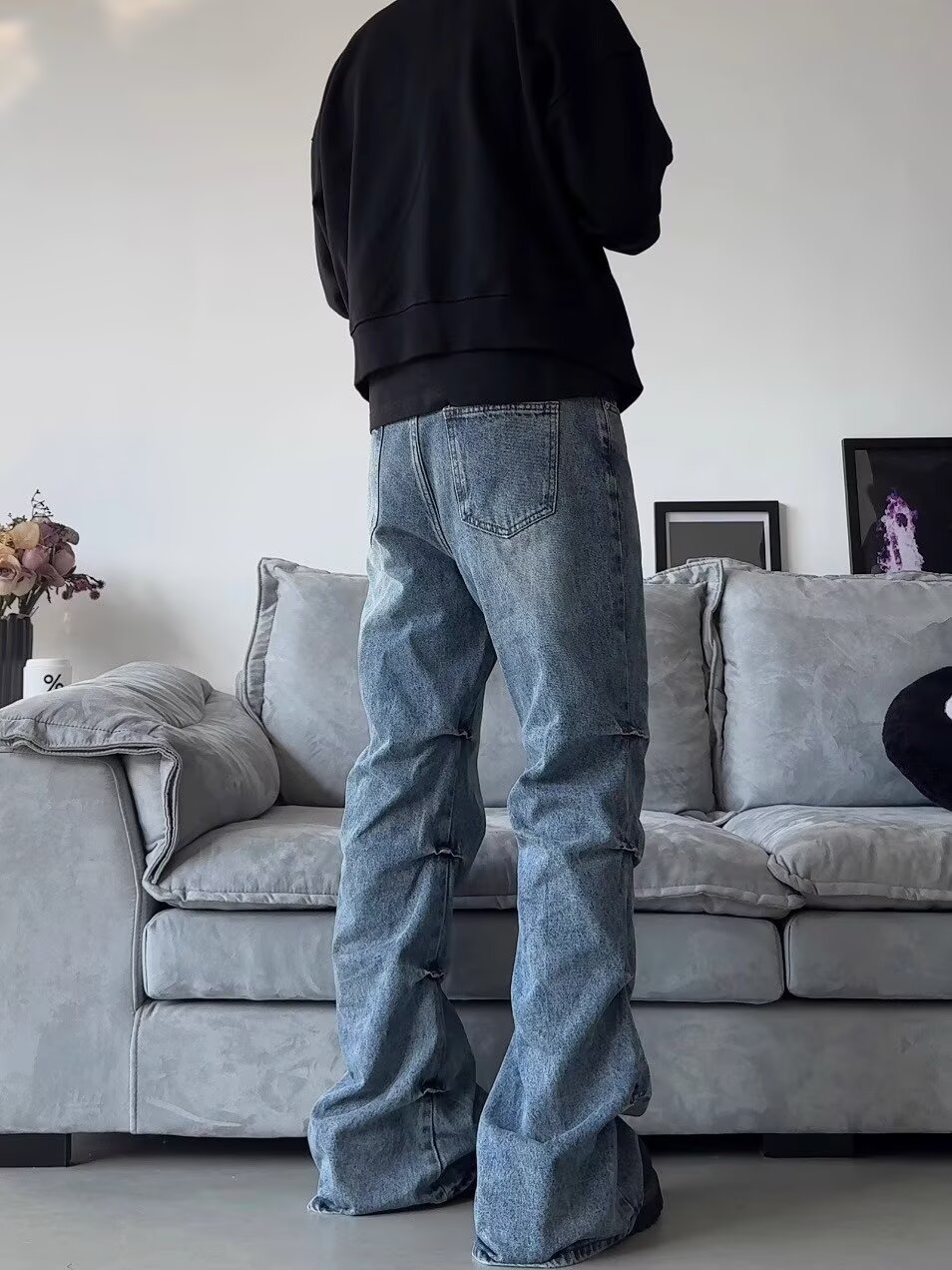 Men's Clothing high street side pleated design flared jeans loose distressed cleanfit wide leg trousers trend_voghion.com