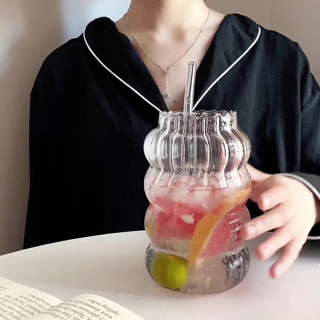 批發創意耐熱吸管玻璃杯單層ins風水果冷飲牛奶杯可愛胖胖杯