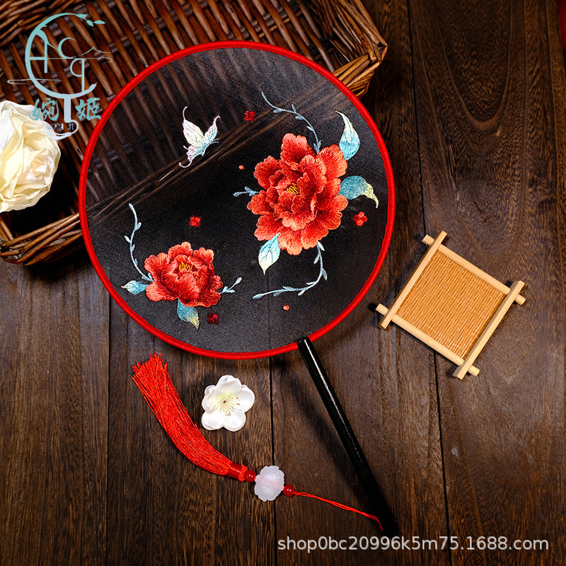 古風扇子刺繍扇子牡丹花鳥刺繍扇舞踏扇中国風|undefined