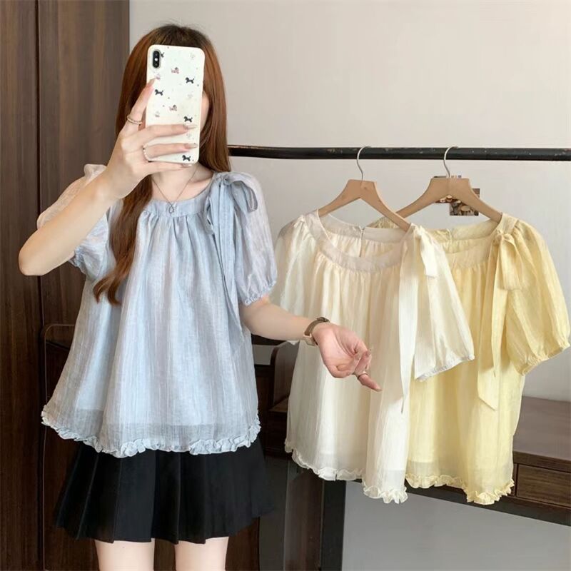 French-Style Bow Tie Chiffon Short-Sleeve Shirt for Women, Summer 2026, Plus Size, Super Cute Babydoll Top French-Style Bow Tie Chiffon Short-Sleeve Shirt for Women, Summer 2026, Plus Size, Super Cute Babydoll Top