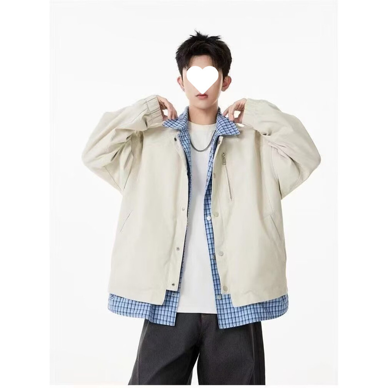 American Retro Cleanfit Fake Two-Piece Flannel Shirt with Patchwork Lapel Flight Jacket for Men and Women in Spring and Autumn