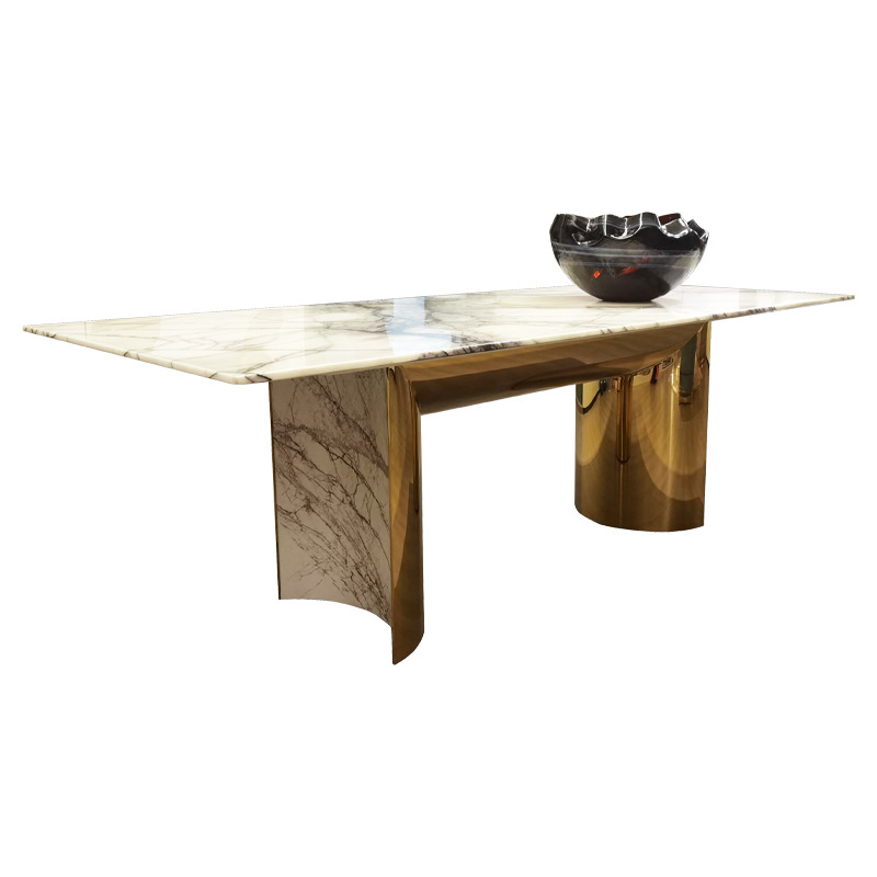 Mesa de Comedor Rectangular de Mármol y Metal, Desmontable, para Comedor