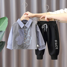 2021春季新款童裝韓版男童寶寶童套裝小熊中小童棉襯衫長袖套裝潮