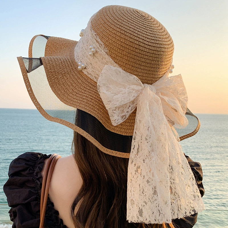 Wavy fresh cute big sun hat solar-powered with bow, wholesale