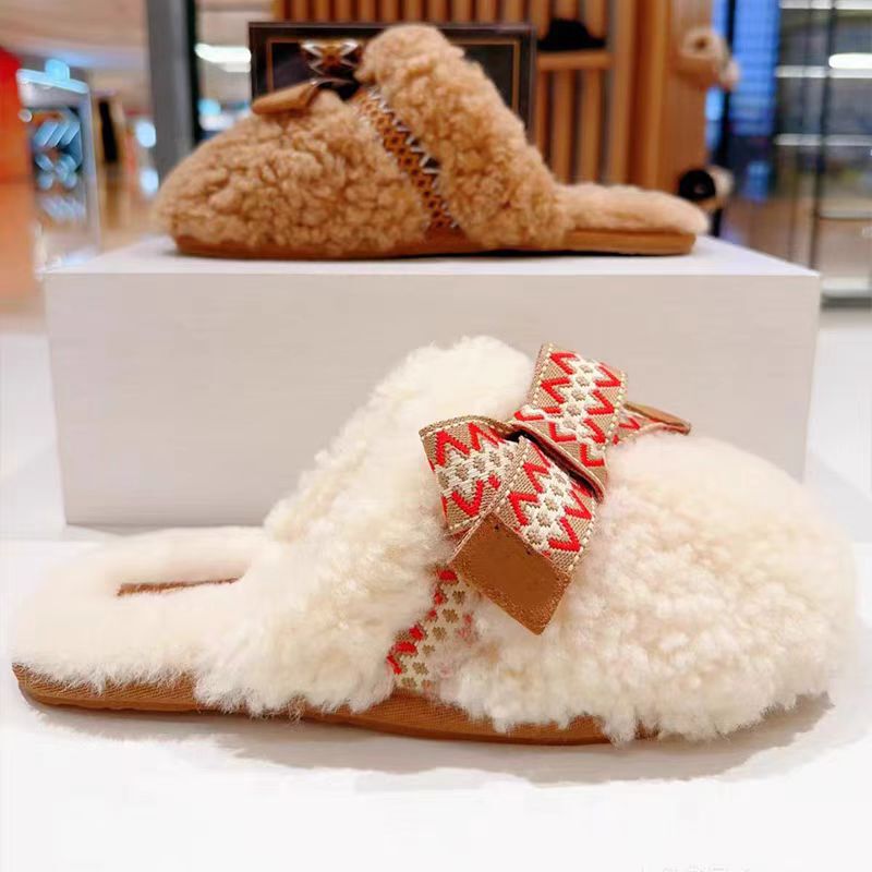 Bow-Knot Lamb Wool Cotton Slippers for Women, Suitable for Outdoor Wear in Autumn and Winter, Slip-On Lazy Mules, Furry Half-Shoes, Warm and Flat-Soled