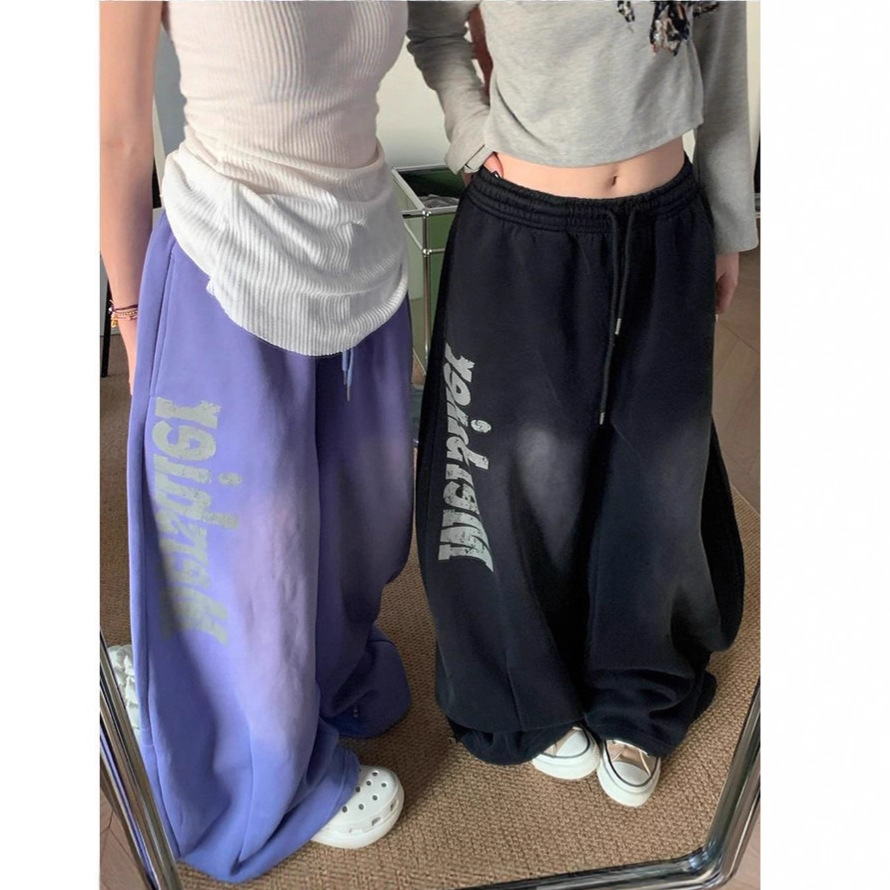 American Street Style Distressed Letter Print Scimitar Pants Women's Jazz Dance Pants Loose Wide-Leg Sweatpants Hot Girl Casual Pants