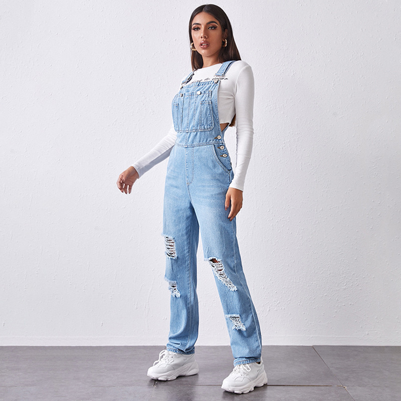 Cross-Border European and American Style Jeans, Washed and Ripped, Versatile Straight-Leg Casual Women's Overalls with Holes, European and American Style