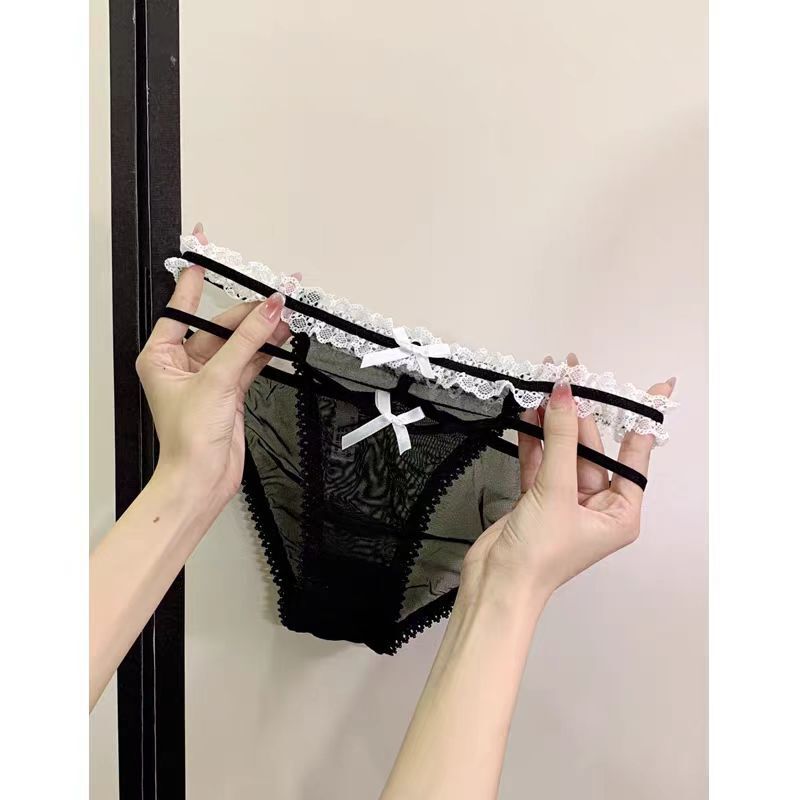 Holiday Paris Niche Luxury Design Maid-Style Sexy Lace Women's Bowknot Transparent Mesh Triangle Panties