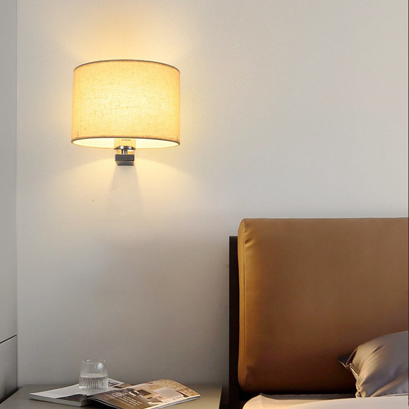现代卧室壁灯简约麻布艺床头阅读酒店宾馆客房装饰美式圆形民宿灯