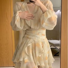 プラスサイズファットmm長袖vネックパフスリーブシフォンドレスレディース春夏ウエストリボン妖精花柄ショートスカート