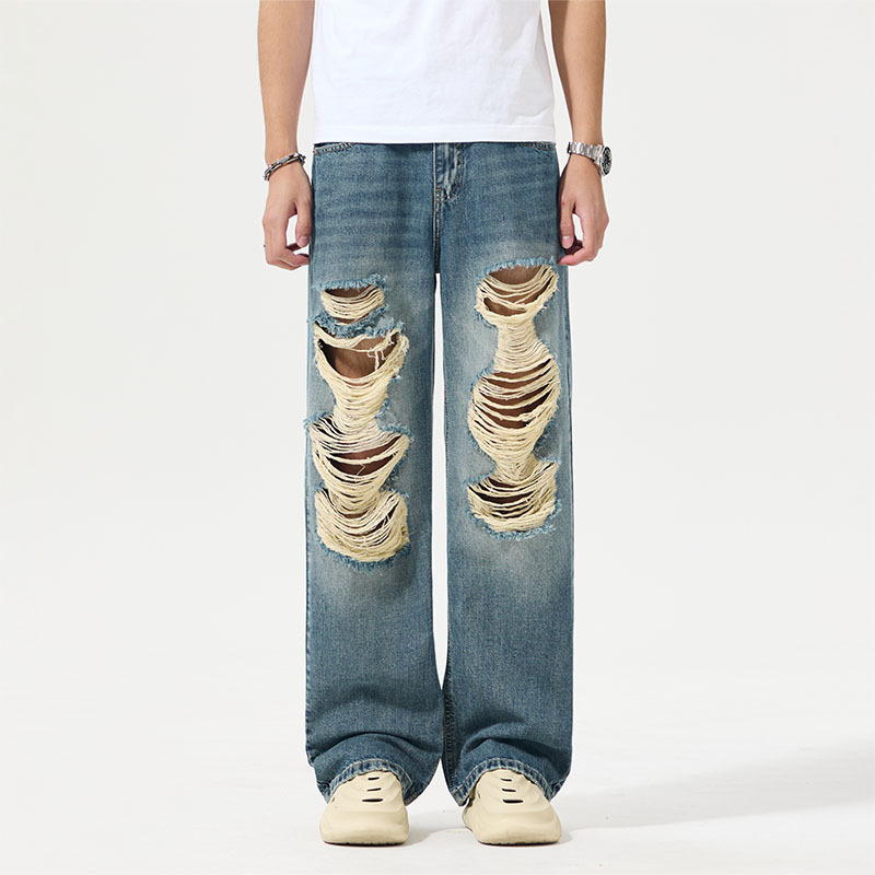 Street Tide Cool Breathable Ripped Jeans Men's# Advanced Concept Loose Comfortable Large Straight Long Pants Men's Dragging