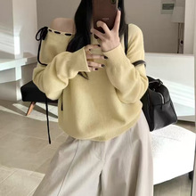 韩系简约清新气质甜美蝴蝶结系带毛针织衫休闲百搭宽松显瘦毛衣冬