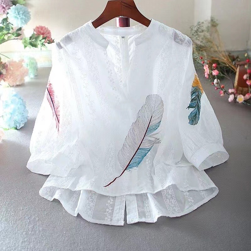 2023 New Loose Cotton Lace V-neck Embroidered Floral Elegant Front Short Back Long Lantern Sleeve Shirt Women's Top