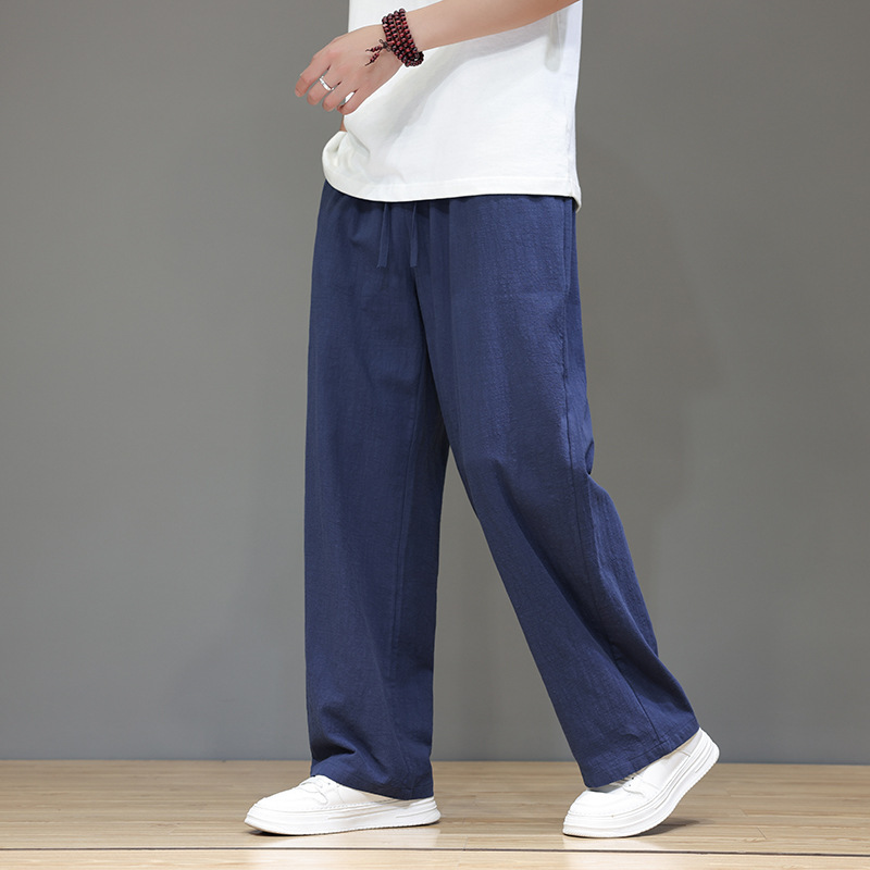 2024 Summer New Chinese Style Men's Solid Color Casual Linen Straight Pants plus size Retro Trendy Pants for Men