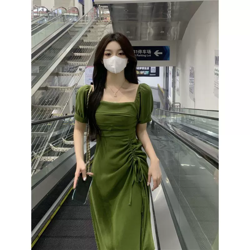 夏季新款法设计感不规则连衣裙小众褶皱开叉抽绳短袖遮肚中长裙
