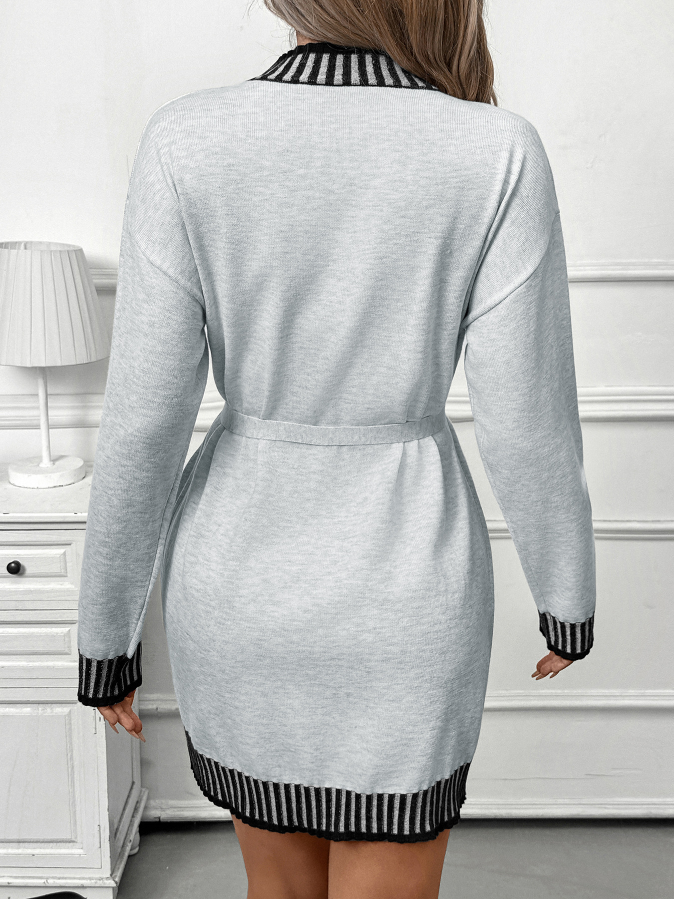 Women’s Striped Knit Sweater Dress – Casual Long Sleeve Mock Neck Tunic (Contrast Color Block, A-Line Fit, Soft Polyester Blend)_voghion.com