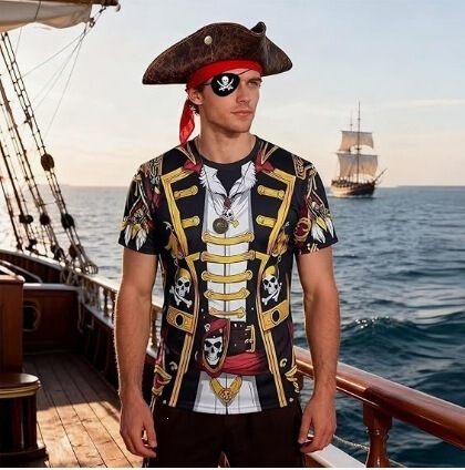 New cross-border skull pirate fake two-piece printed T-shirt for adults, Halloween party costume, quirky and creative top