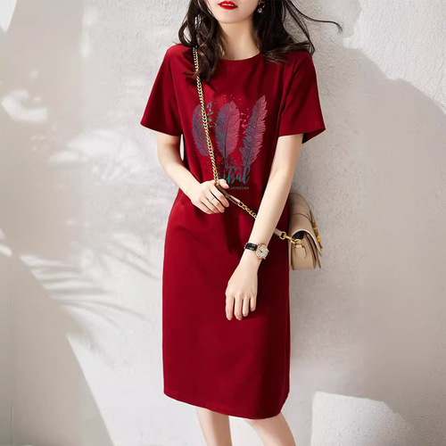 Summer Women's Loose Short Sleeve Slimming Cartoon Print T-Dress for Students and Commute Medium Length Fairy Dress