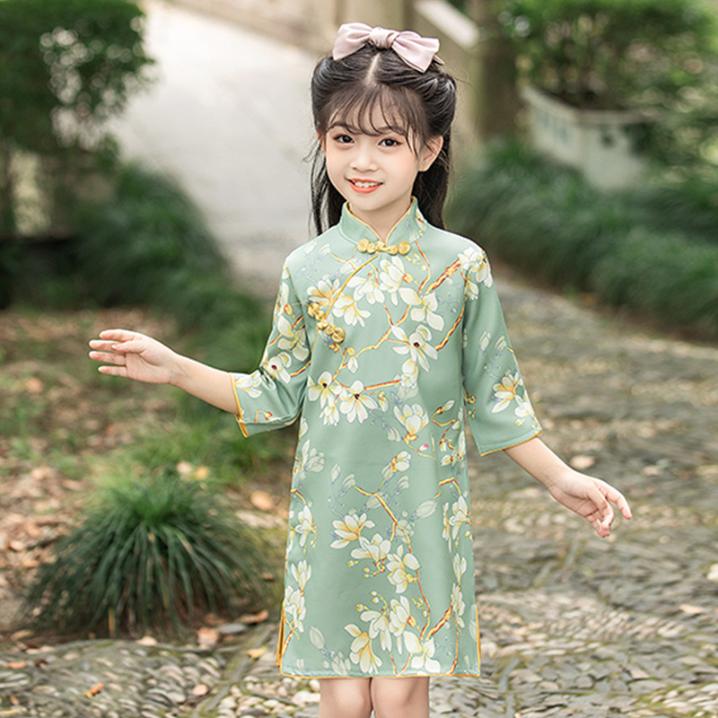 Kids baby floral traditional chinese qipao dresses girl republic of China model show cosplay tang suit collar hanfu folk costumes cheongsam dress