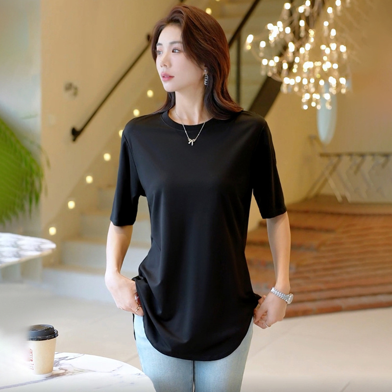2026 New Style Ice-Feel Short-Sleeve T-Shirt for Women, Summer Design with Curved Hem, Hip-Covering, Loose Fit, Slimming, Round Neck Top