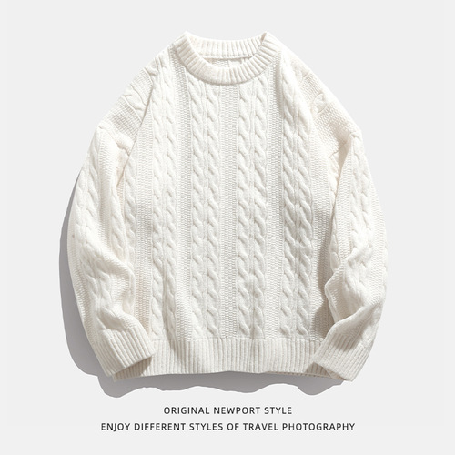 Hanlu Japanese-style Men's Knitted Sweater with Twisted Weave, Solid Color, Crew Neck – Unisex Autumn/Winter Loose-Fit Retro Knitwear Jacket