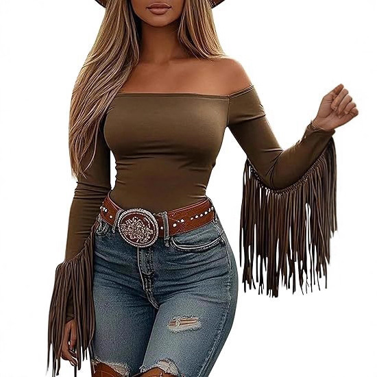 Amazon Cross-Border Women's Tassel Top Western Cowboy Off-Shoulder Long Sleeve Retro Stretch Tight T-Shirt Top