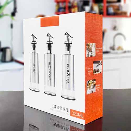 Japanese-style oil pot set, stainless steel and leather-covered glass oil pot manufacturer, kitchen seasoning bottle gift box, casual gift set